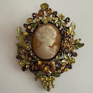 Vintage Copper Rhinestone Brooch With Resin White Cameo